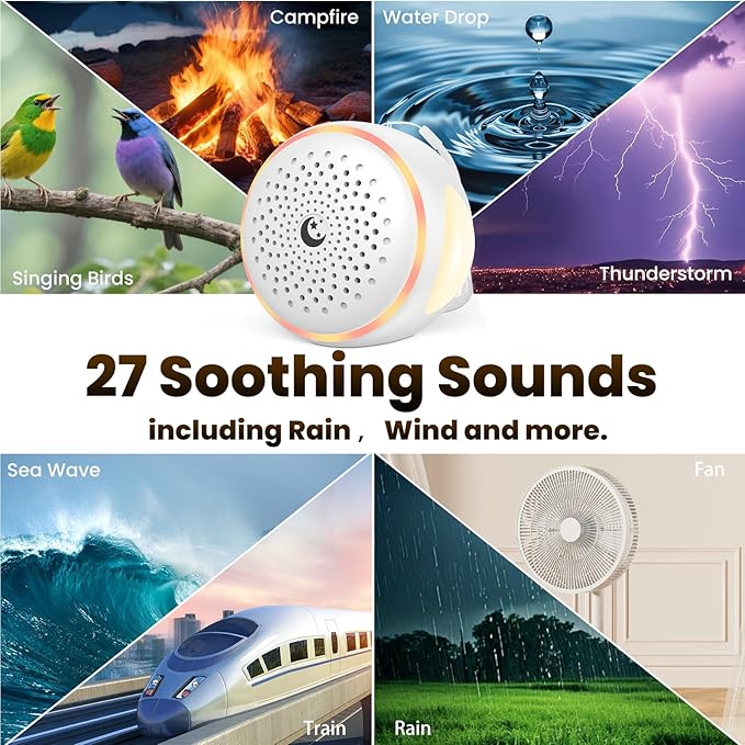 Portable White Noise Machine, Rechargeable Sound Machine for Sleep, 27 Soothing Sounds, Night Light, 24H Playtime, Compact Travel Sleep Soother for Baby Adults, Home Office Nursery