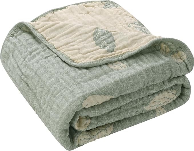 Botanical Muslin Baby Blanket - Made with Organic Cotton, Sage Green Leaf Jacquard for Gender Neutral Nursery, Baby Registry Gift, 43x43 Inches (Terra Sage Green)