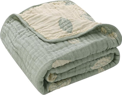 Botanical Muslin Baby Blanket - Made with Organic Cotton, Sage Green Leaf Jacquard for Gender Neutral Nursery, Baby Registry Gift, 43x43 Inches (Terra Sage Green)