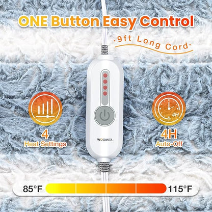 WOOMER Heated Blanket Throw 50" x 60", Electric Blanket Throw with 4 Heating Levels & 4H Auto Off, ETL Certified, Blue White Flowers Patterns Faux Fur & Sherpa, Machine Washable