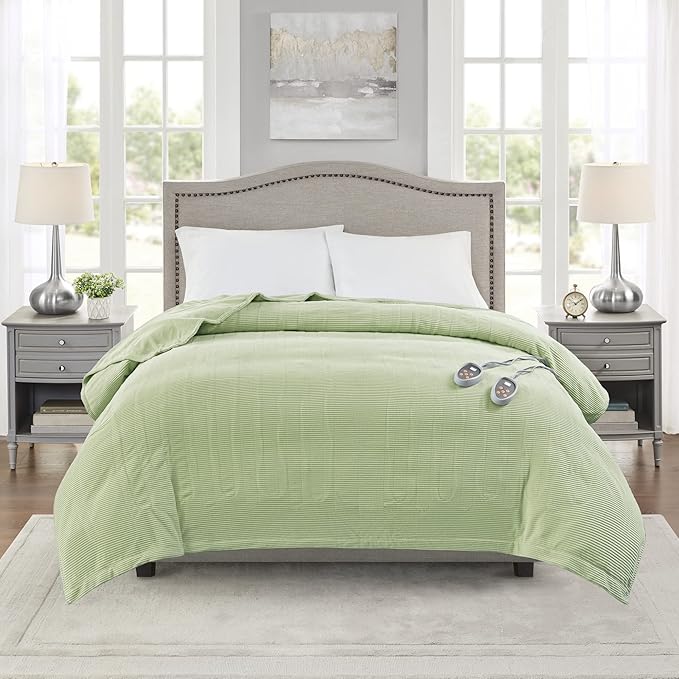 Beautyrest Electric Blanket Luxurious Micro Fleece Ultra Soft Ribbed Textured, Cozy and Snuggly Cover for Cold Weather, Fast Heating, Auto Shut Off, 20 Level Heat Setting Controller, Twin, Green