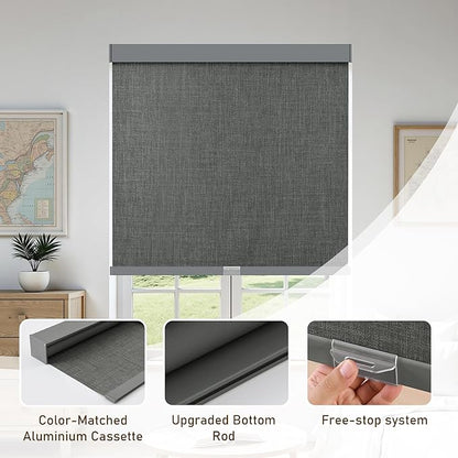 AOSKY Linen Roller Blinds Shades for Indoor Windows Pull Down Cordless Blackout Black Out Window Shade 59 Inch Blinds for Home Dark Grey