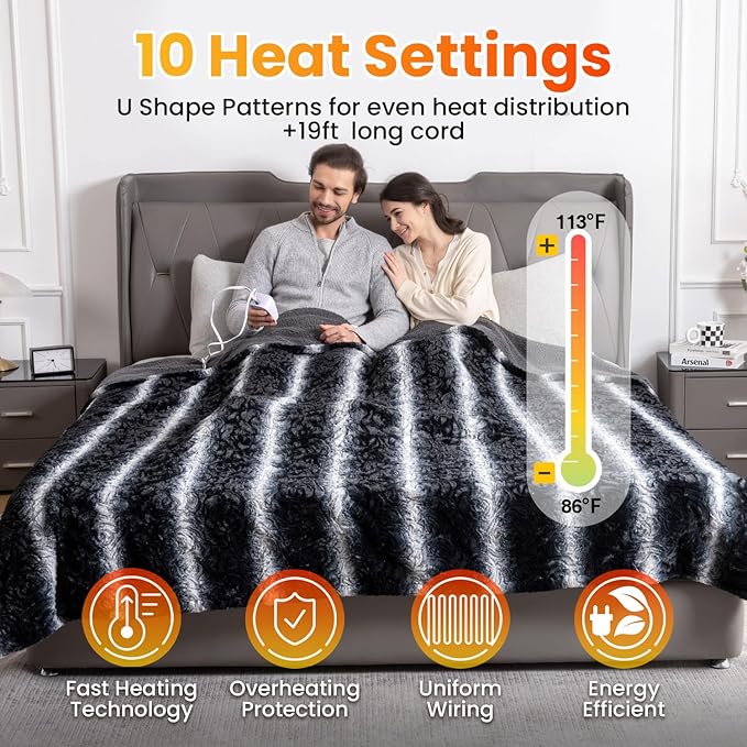 WOOMER Heated Blanket Full Size 77" x 84", Electric Blanket with a Control, 0.5-12 Hours Timer & 10 Heating Levels, ETL Certified, Black Grey Flowers Patterns Faux Fur & Sherpa, Machine Washable