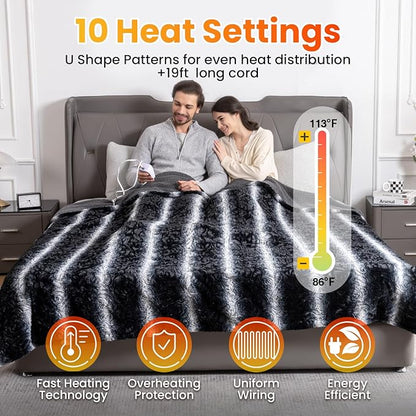 WOOMER Heated Blanket Full Size 77" x 84", Electric Blanket with a Control, 0.5-12 Hours Timer & 10 Heating Levels, ETL Certified, Black Grey Flowers Patterns Faux Fur & Sherpa, Machine Washable