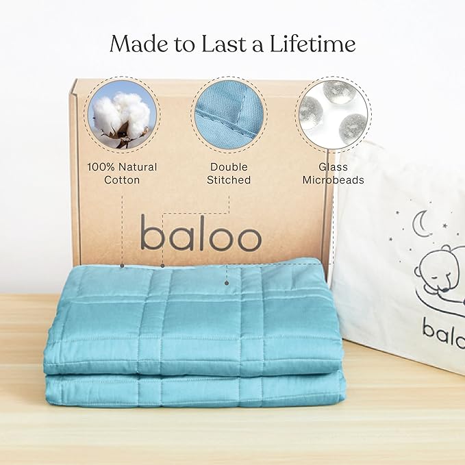 Baloo Weighted Blanket for Kids and Adults (Aqua - 9lbs 40"x60" - Mini Size) | Cooling & 100% Cotton Material | Machine Washable & Dryer Safe | with Glass Microbead Fill