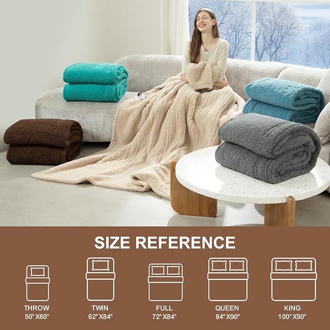 King Size Heated Blanket Single Control - Soft Double Sided Sherpa Electric Blanket with 6 Heating Levels & 10 hrs Timer Settings, Washable & Overheat Protection for Bed, Brown