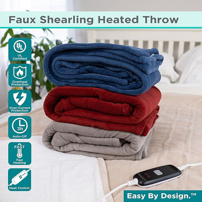 BLACK+DECKER Heated Blanket Electric Throw, Faux Shearling Electric Blanket, Heating Blanket with 4 Heating Levels, 3H Timer, Auto Shutoff, Fast Heating (50x60 inches, Grey)