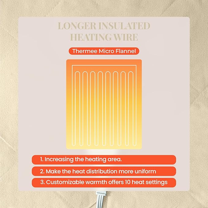 Thermee Micro Flannel Blanket Queen Size Heated Blanket with 10 settings, Programable Heating Blanket, Luxuriously Soft Heated Throw Blanket, Rapid Heating Thermal Blanket, Warm Blanket - Tan