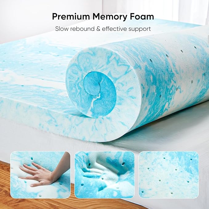 Marsail 3-Inch Full Memory Foam Mattress Topper, Gel Infused Cooling, CertiPUR-US Certified, Blue