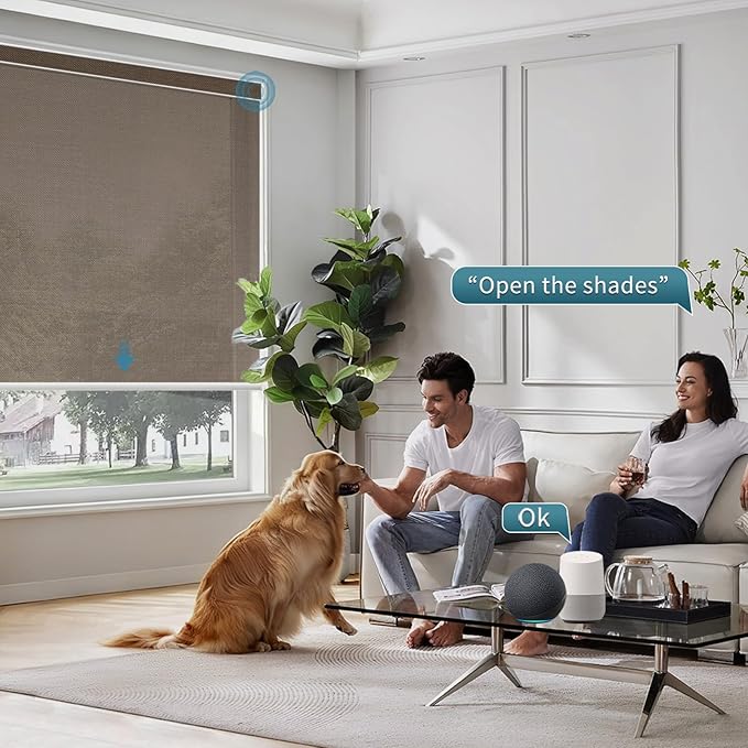 Motorized Blinds Compatible with Alexa,Google Asssitant,Homekit Over Thead,5% Openness Solar Shades for Window, Smart Shades with Remote, APP/Voice Control,Custom Size,Aventus Chocolate