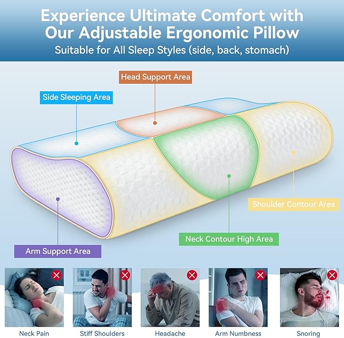 Sandwich Memory Foam Pillow for Sleeping - Ergonomic Cervical Cooling Pillows Queen Size 1 Pack (Soft)