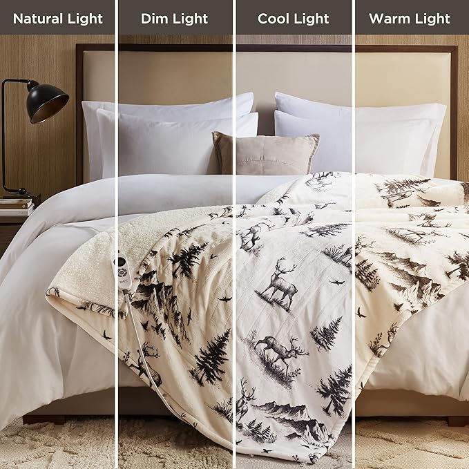 Woolrich Heated Throw Blanket with Ultra Soft Plush and Sherpa Reverse, 12 Heat Settings, Auto Shut-Off, Farmhouse & English Country Gift Throw – Deer Toile Pattern, 50"x60"