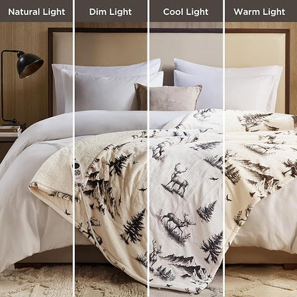 Woolrich Heated Throw Blanket with Ultra Soft Plush and Sherpa Reverse, 12 Heat Settings, Auto Shut-Off, Farmhouse & English Country Gift Throw – Deer Toile Pattern, 50"x60"