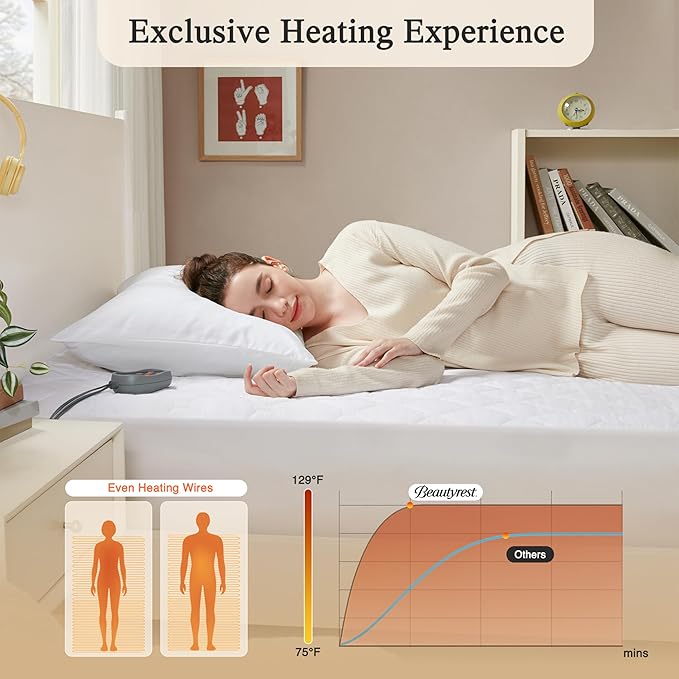 Beautyrest Cotton Heated Mattress Pad - Bed Warmer with 20 Heat Settings Controller, Auto Shut Off Timer, All Around Elastic Deep Pocket, UL Certified, Machine Washable, White Full
