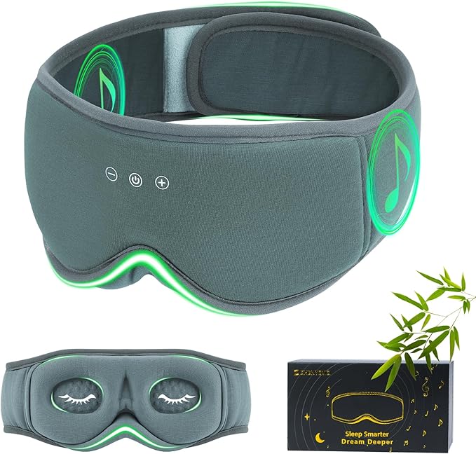 Bamboo Cotton Large Sleep Mask with Bluetooth Wireless Headphones - Blackout Eye Mask for Sleeping 3D Contoured Sleep Headband Ear Muffs Lengthen & Low Noise Hook for Better Experience (Grey)