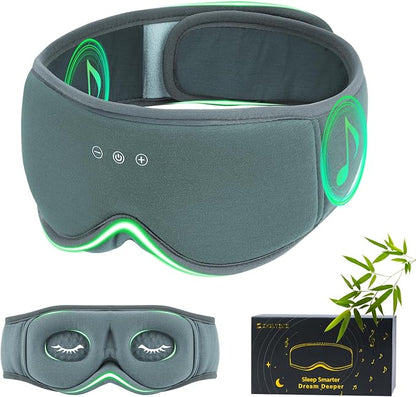Bamboo Cotton Large Sleep Mask with Bluetooth Wireless Headphones - Blackout Eye Mask for Sleeping 3D Contoured Sleep Headband Ear Muffs Lengthen & Low Noise Hook for Better Experience (Grey)