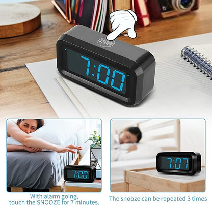 KWANWA Alarm Clock, Digital Clock, Constantly 1.2'' LED Blue Digits Display, Battery Powered, Snooze, Small Wall Clock, Desk Clock, Clock for Bedroom, Alarm Clock for Heavy Sleepers
