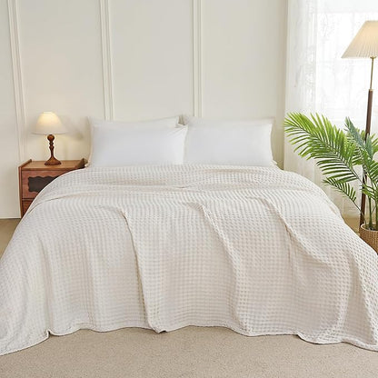 Aganear Waffle Blanket - Lightweight Breathable Summer Blanket of 50% Cotton and 50% Rayon Derived from Bamboo for Hot Sleepers Luxury Throws for Bed, Couch and Sofa,Beige,90x90 Inches