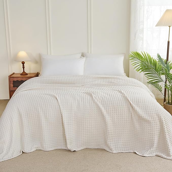 Aganear Waffle Blanket - Lightweight Breathable Summer Blanket of 50% Cotton and 50% Rayon Derived from Bamboo for Hot Sleepers Luxury Throws for Bed, Couch and Sofa,Beige,66x90 Inches