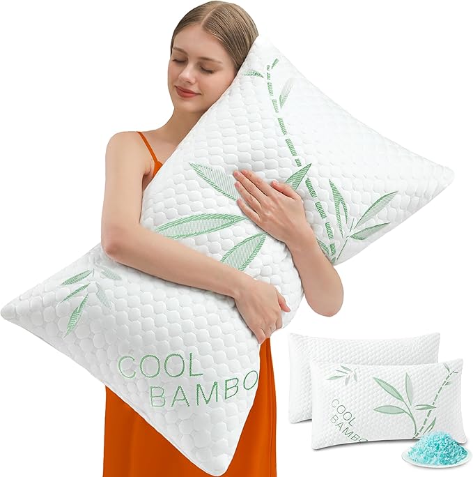 Cooling Pillows, Shredded Memory Foam Pillows Queen Size Set of 2 Adjustable Firm Bamboo Bed Pillows for Hot, Side, Back and Stomach Sleepers