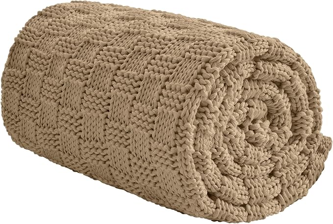 Knitted Weighted Blanket for Adult, No Beads Heavy Blanket 60” x 80'' 12lbs, Breathable Chunky Knit Blanket, Cooling Weighted Blanket for Hot Sleepers, Christmas Home Decor (Camel)