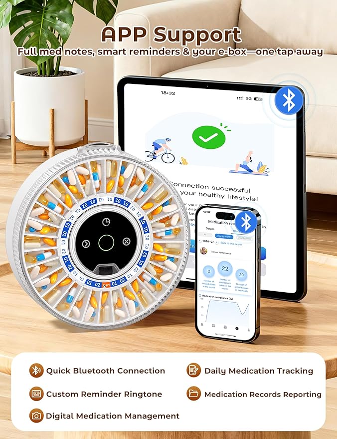 Betife Automatic Pill Dispenser for Elderly with Alarm – 31-Day Smart Bluetooth Pill Box, App Support, Fingerprint + Key Dual Lock, Arthritis-Easy Open, Plug-in/Battery Backup, Monthly Timer Dispenser