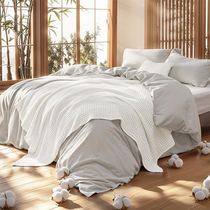 Bedsure 5 Pieces Cotton Comforter Set with Cotton Waffle Throw Blanket - Beige Comforter Full Size, Pillow Shams, White Cooling Blanket of Rayon Derived from Bamboo for Hot Sleepers, Throw Pillow