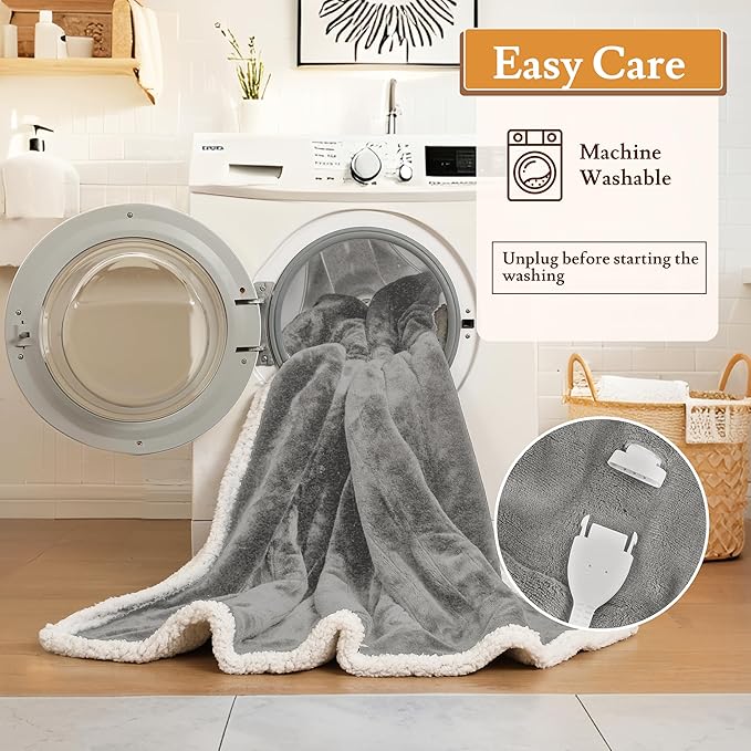Electric Heated Blanket 72"x84" Full Size Flannel & Sherpa - 4 Heat Settings & 10H Auto Shut Off for Safe Overnight Use, Fast Heating, Machine Washable for Bed, Couch, Office - Light Gray