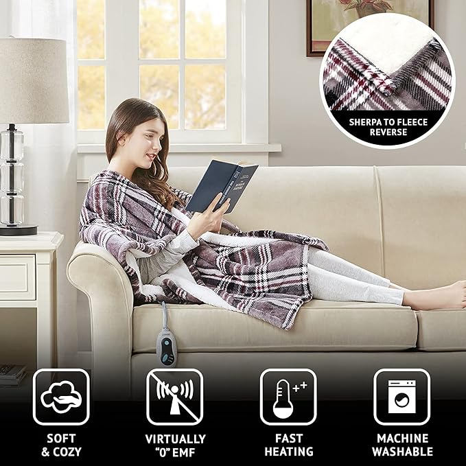 Beautyrest Wearable Electric Poncho Wrap Blanket, Ultra Soft Sherpa & Berber Fleece Heated Throw, UL Certified & Oeko-TEX, 3 Heat Settings & 2 Hour Auto Shutoff, Gift-Ready, 50" x 64", Grey Plaid