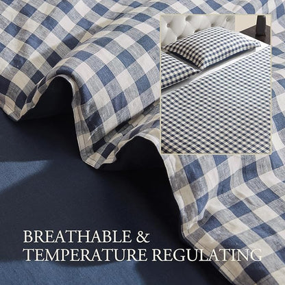 DAPU Linen Duvet Cover King,Yarn Dyed Gingham Check Plaid 100% Washed Linen Bedding with Envelope Closure,3 PCs Soft Linen Duvet Cover Set, Geometric Checkered Pattern in Navy Blue & White,King Size