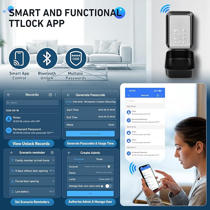 HUANLANG Smart Key Lock Box - Bluetooth Electronic Lock Box for Keys, Wall Mount Digital Key Storage with App Control & PIN Code Types, IP65 Waterproof lockbox for Home, Airbnb, Realtor and Office