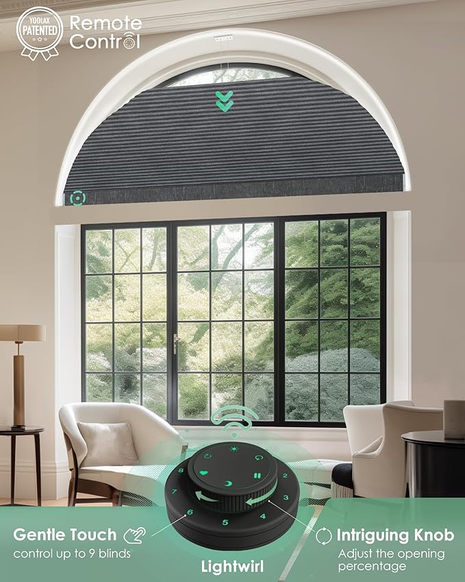 Yoolax Smart Cellular Shades, Motorized Arch Window Honeycomb Blinds Motorized Blinds with Remote Compatible with Alexa, Customized Arched Cellular Shades (Blackout Texture Dark Grey)