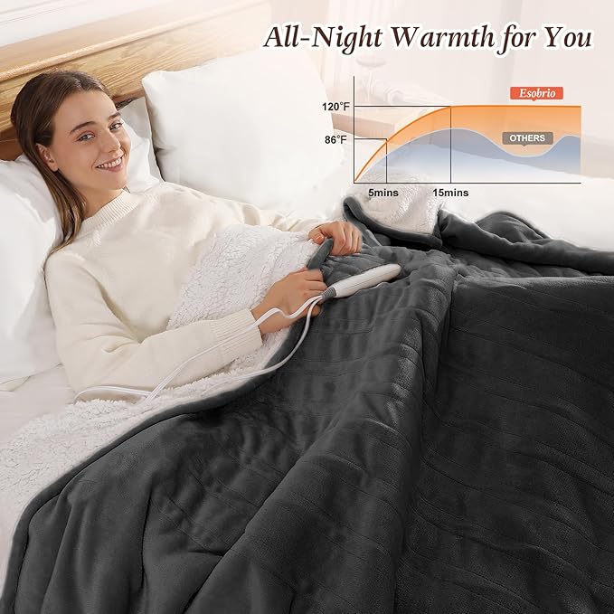 Heated Blanket Queen Size Electric Blankets 84X90in - Dual Control Heated Blankets for Bed with 5 Heat Settings & 10-hr Timer, Over-Heat Protection and Fast Heating Blanket Washable (Charcoal Gray)