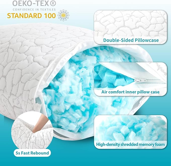 Cooling Pillows for Sleeping 2 Pack, King Size Adjustable Shredded Memory Foam Pillows, Firm Bed Pillows for Side, Back, Stomach, Hot Sleepers, Cold Pillow with Removable Washable Cover