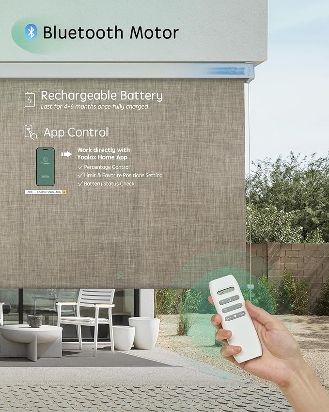 Yoolax Motorized Outdoor Shades Smart Retractable Patio Screens with App & Remote Control, Electric Blinds for Porch Patio Waterproof Roller Shades 6X8ft (5% Openness Minty Oat Latte)