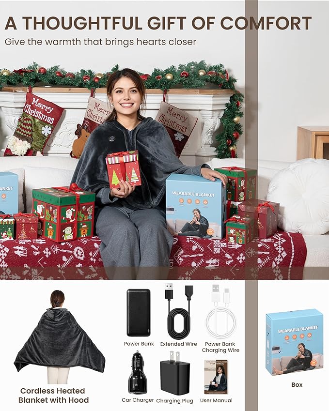 Cordless Heated Blanket with Hood, USB Battery Powered Heated Wearable Blanket with 9 Heating Zones, 20000 mAh Power Bank, 3 Levels, Portable Heated Throw Blanket, Heated Shawl (Warm Cozy Gray)