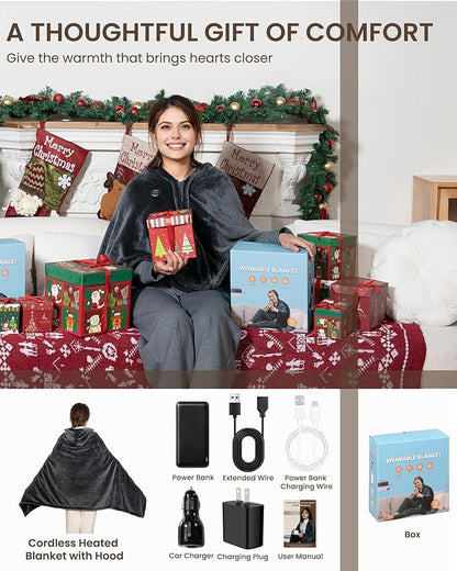 Cordless Heated Blanket with Hood, USB Battery Powered Heated Wearable Blanket with 9 Heating Zones, 20000 mAh Power Bank, 3 Levels, Portable Heated Throw Blanket, Heated Shawl (Warm Cozy Gray)