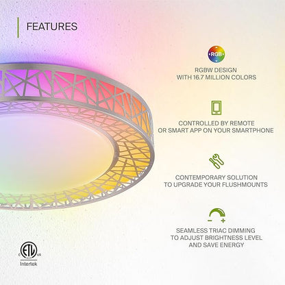 ASD 16 Inch Smart RGBW Flush Mount Ceiling Light with Remote - Brushed Nickel 28W 120V 2700-6500K Dimmable Ceiling Light Fixture, WiFi App Control RGB Lights, Alexa & Google Assistant - ETL