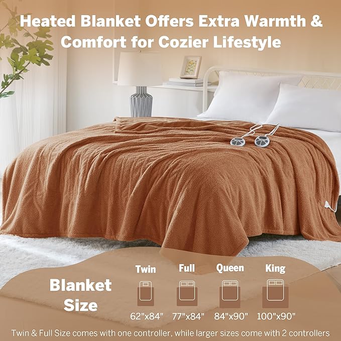 Serta Heated Blanket, Electric King Size Blanket, Soft, Warm, Fuzzy Heating Blanket King for Office, Couch, 1-12 hr Auto Shut Off Timer, 10 Lv Heat Setting, ETL Certified, King 100" x 90" Rust