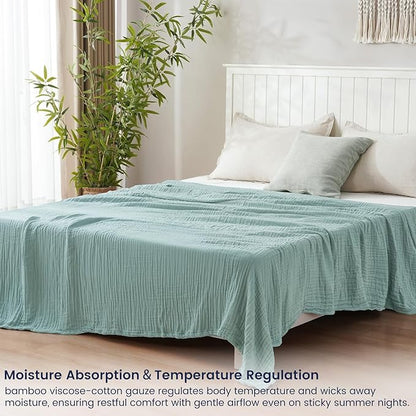 PHF Cooling Muslin Queen Blanket for Hot Sleepers, 60% Rayon Derived from Bamboo, 40% Cotton for Summer, 4-Layer Breathable Gauze Blanket for Bed Couch, 90"x90", Sage Green