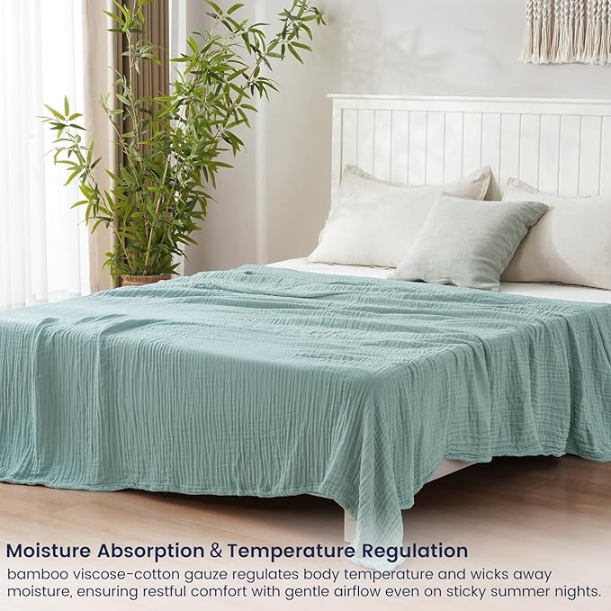 PHF Cooling Muslin King Blanket for Hot Sleepers, 60% Rayon Derived from Bamboo, 40% Cotton for Summer, 4-Layer Breathable Gauze Blanket for Bed Couch, 108"x90", Sage Green