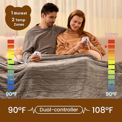 Bearhug Electric Blanket King Size 100" x 90", Dual Controller Heated Blanket, Velvet & Sherpa, 10-Heat Levels & 1-12H Auto Off, Over-Heat Protect, ETL, Machine Washable