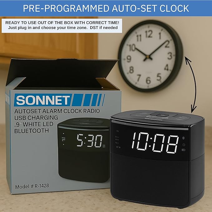 Digital Alarm Clocks for Bedrooms, Dual Alarms, Bluetooth and FM Radio, White Dimmable LED Display, USB-A Charging Port. Loud Alarm Clock for Heavy Sleepers Perfect for Bedroom, Desk, and Office