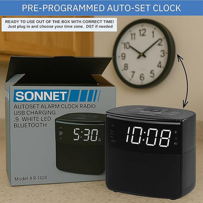 Digital Alarm Clocks for Bedrooms, Dual Alarms, Bluetooth and FM Radio, White Dimmable LED Display, USB-A Charging Port. Loud Alarm Clock for Heavy Sleepers Perfect for Bedroom, Desk, and Office