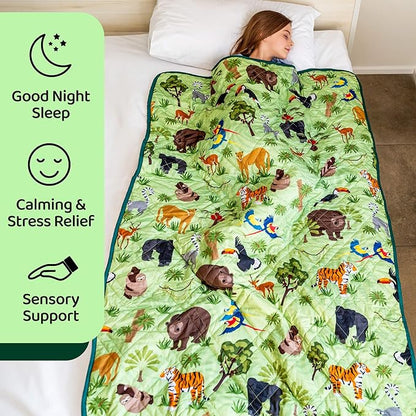 Aricove Weighted Blanket Kids, 7 lb, 40x60 inches, Small Twin Size, Soft Cotton, Machine Washable, Green/Jungle Animals