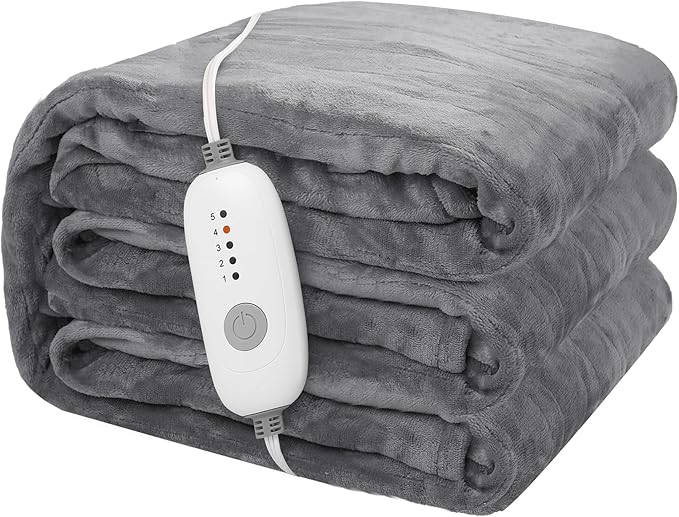 Electric Heated Blanket 50"x60" Throw Size Flannel Heated Blanket, Cozy & Warm for All Night, 5 Heat Settings & 3 Hours Auto Off, Machine Washable, Light Grey