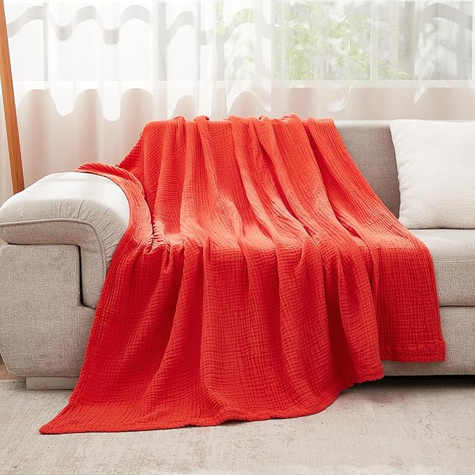 EMME Cotton Blanket Queen Size for Bed Soft Large Muslin Bed Blankets 90"x90" Lightweight Breathable All Season Gauze Blanket, Orange Rust