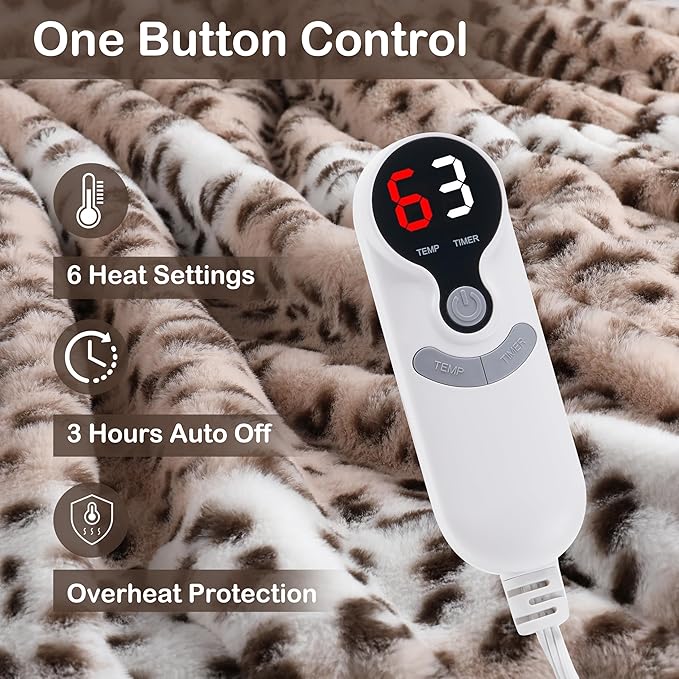 Electric Heated Blanket Throw Size 50"x60", Fast Heating Throw, Soft Microplush for Sofa & Office,6 Heating Levels & 1-10 Hours Auto Off, Machine Washable, Gifts for Family-Leopard Print, Beige