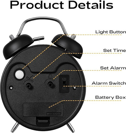 AKCISOT Loud Alarm Clock for Heavy Deep Sleepers, 4.5 Inches Analog Metal Twin Bell Clocks Battery Operated with Backlight for Bedroom Bseide, Old Fashioned for Desk Home Decoration (Black)