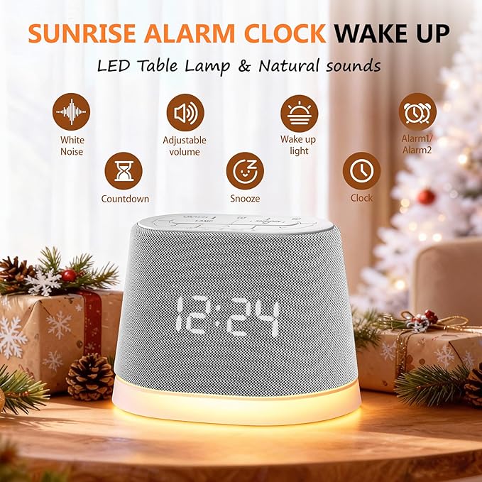 Wake Up Light Sunrise Alarm Clock with White Noise & Night Light, Dimmable Sunrise Lights 10 Soothing Sounds Sleep Aid for Heavy Sleepers, Adults, Women, Ideal Gifts